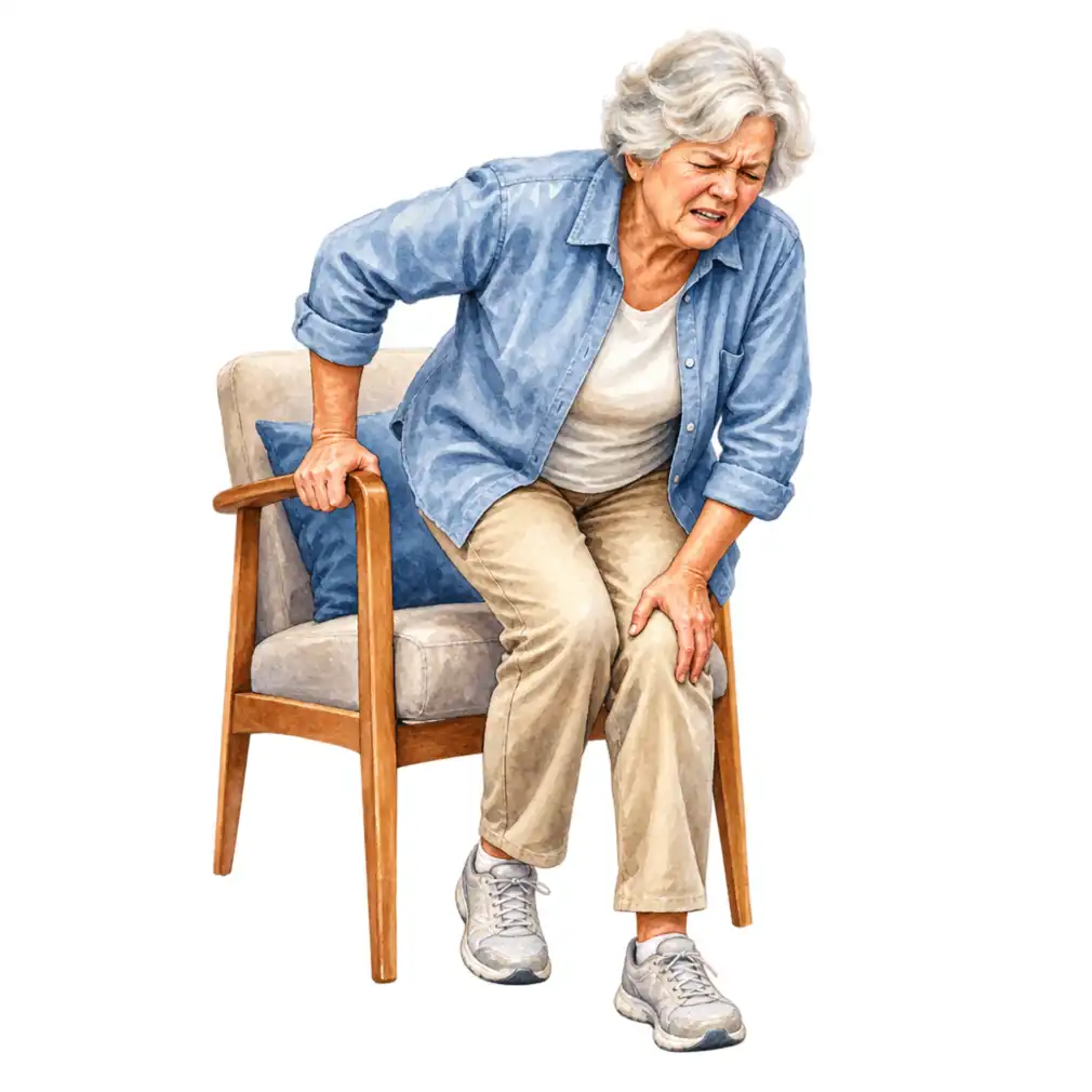 Start-up pain: sharp on the first steps after sitting a while, easing as you walk on.