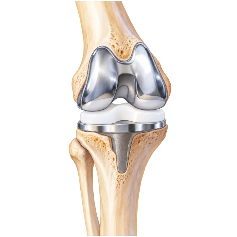 A knee replacement is really resurfacing: the worn surfaces are capped with metal, with a plastic spacer acting as the new cartilage.