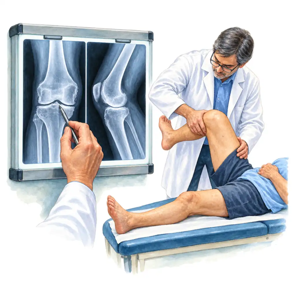 An X-ray shows how much cushion is left. The examination shows how far the joint still moves. Both are read together.