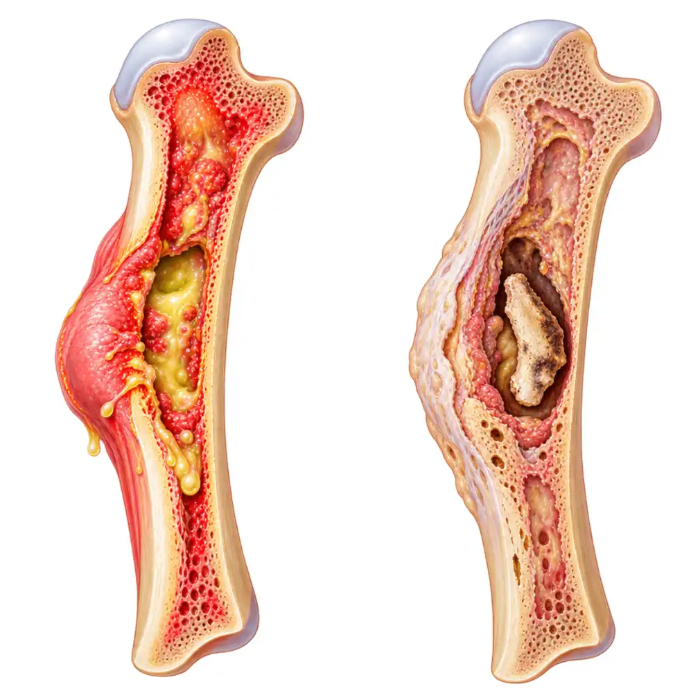 Acute infection clears with antibiotics. In chronic infection a piece of bone dies — and no antibiotic reaches dead bone.
