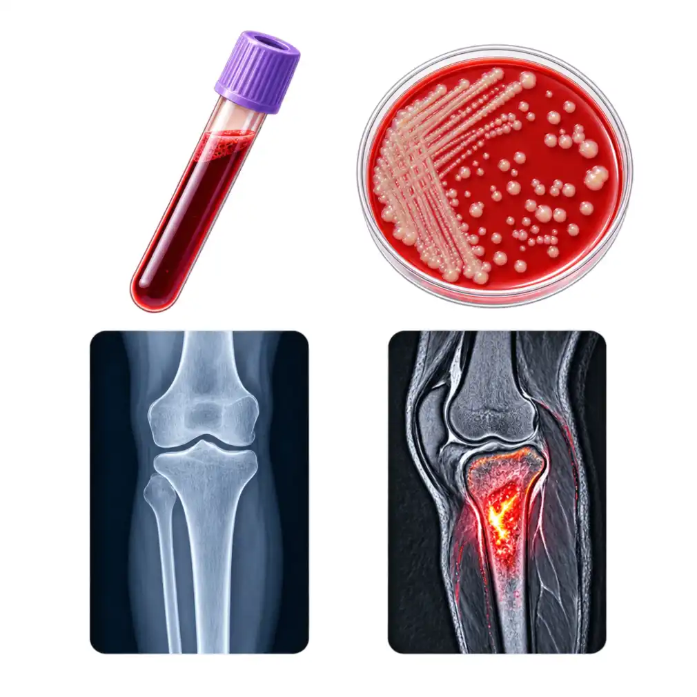 Blood tests and a culture taken before the first antibiotic. An X-ray shows nothing for two weeks; MRI shows the infection within days.