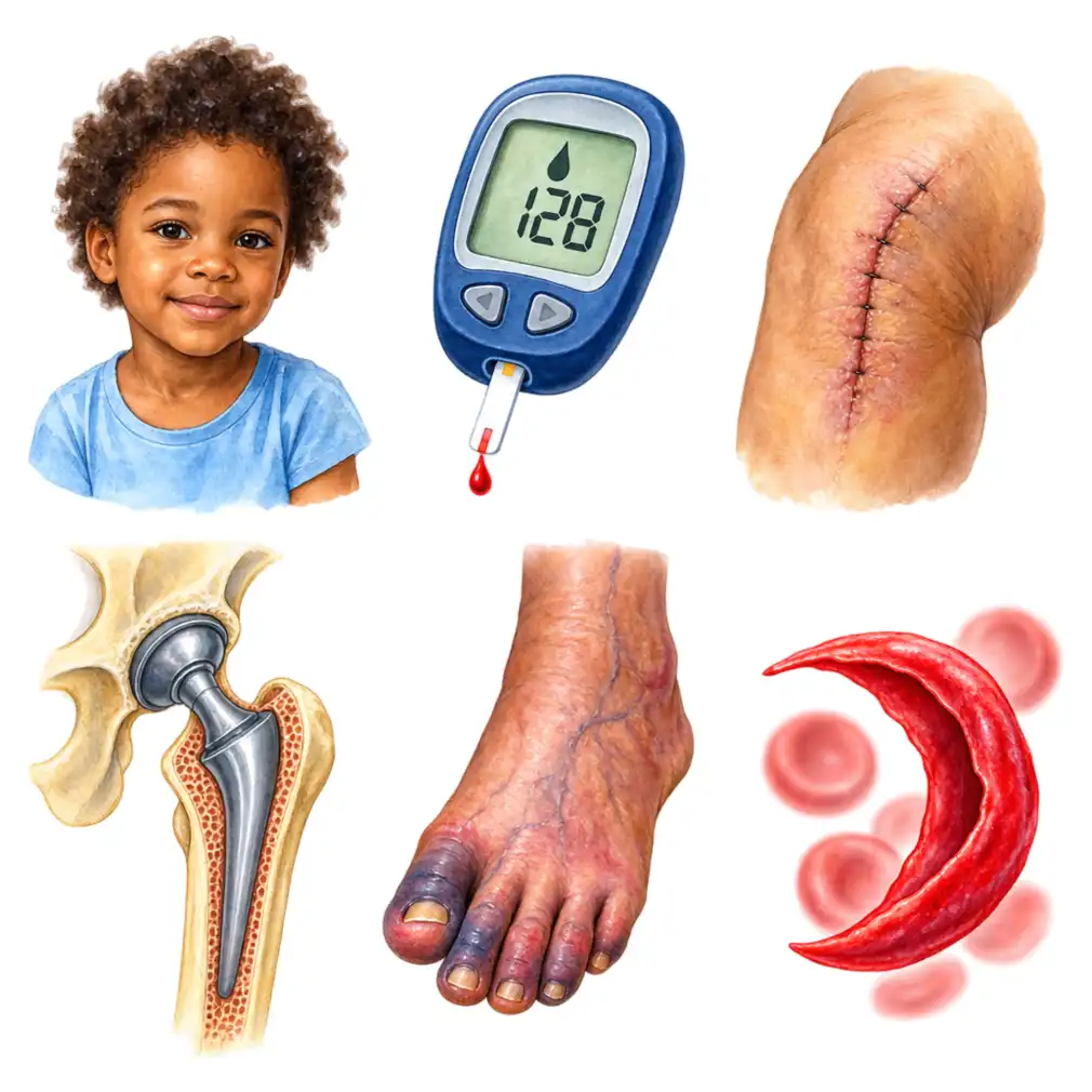 Children, diabetes, low immunity, recent injury or surgery with implants, poor circulation, and sickle cell disease.