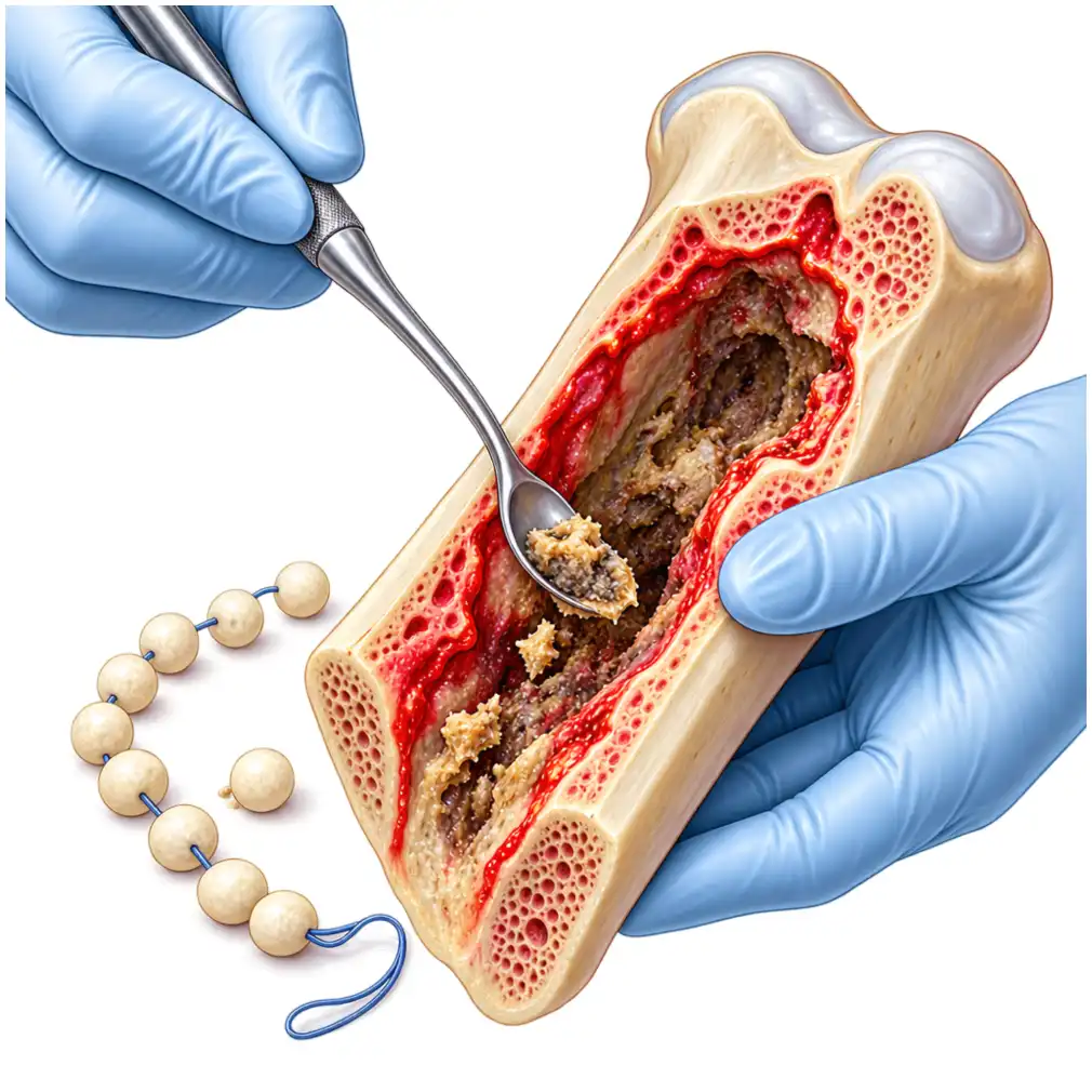 Dead and infected tissue is cleared until healthy bleeding bone is reached, and beads loaded with antibiotic can be left in the cavity.