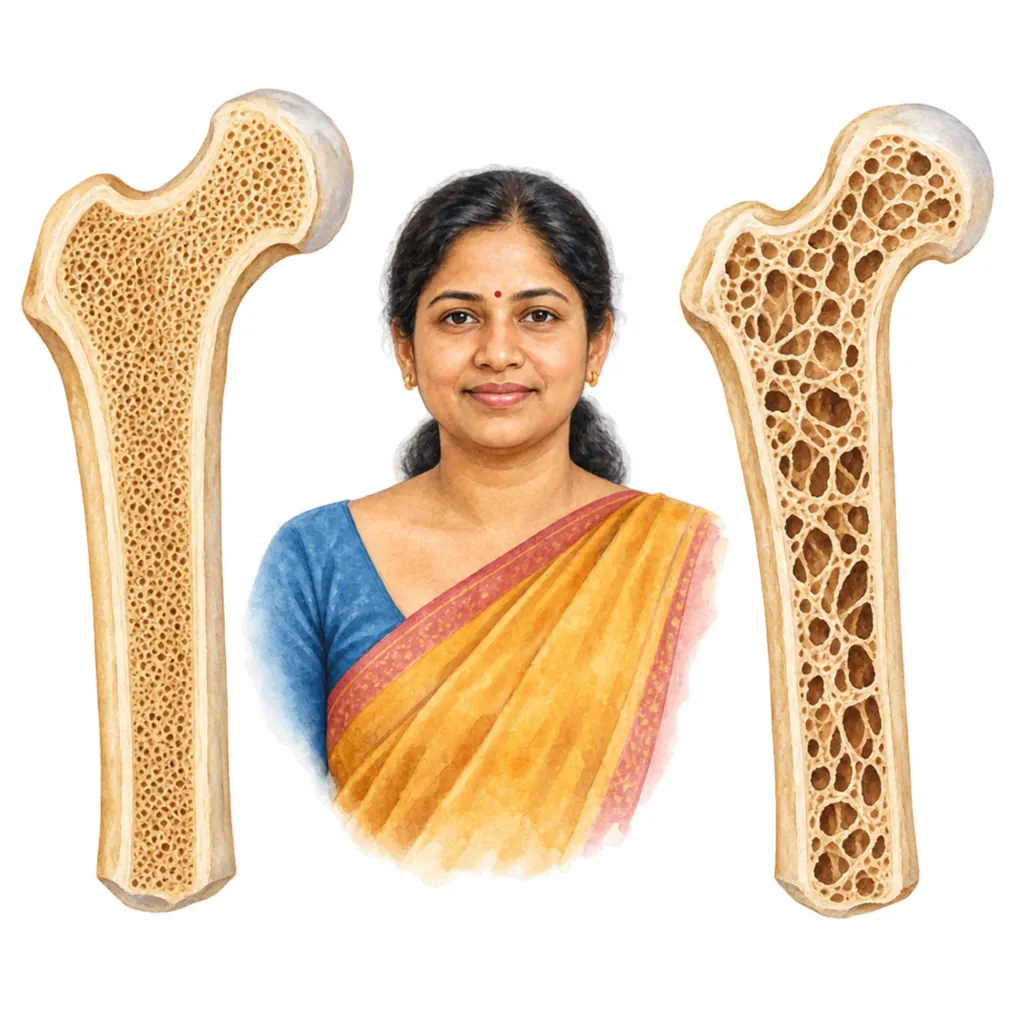 In osteoporosis bones become thin and porous, and can break with a minor fall.