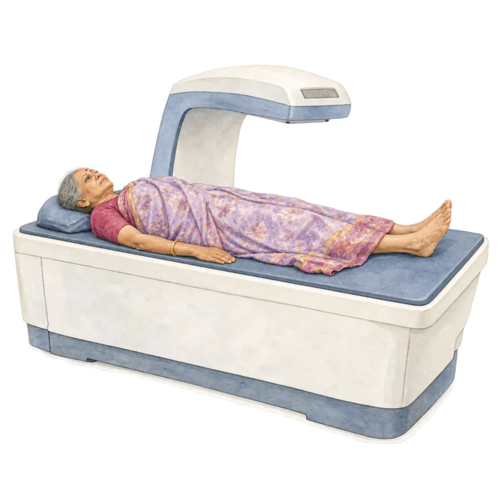 A DEXA scan measures how strong the bones are.