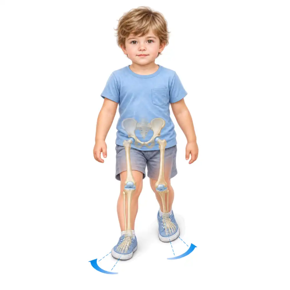 Out-toeing is less common than in-toeing and more often means something. In an older child with hip pain, a slipped hip must be ruled out.