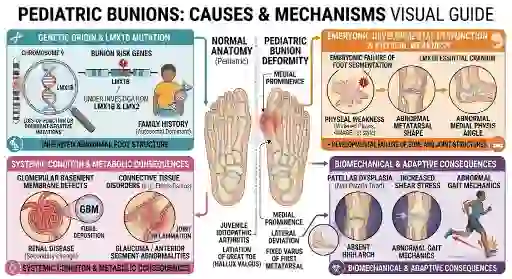 Causes of bunions in children - inherited foot shape, flat foot mechanics, metatarsus primus varus and footwear pressure