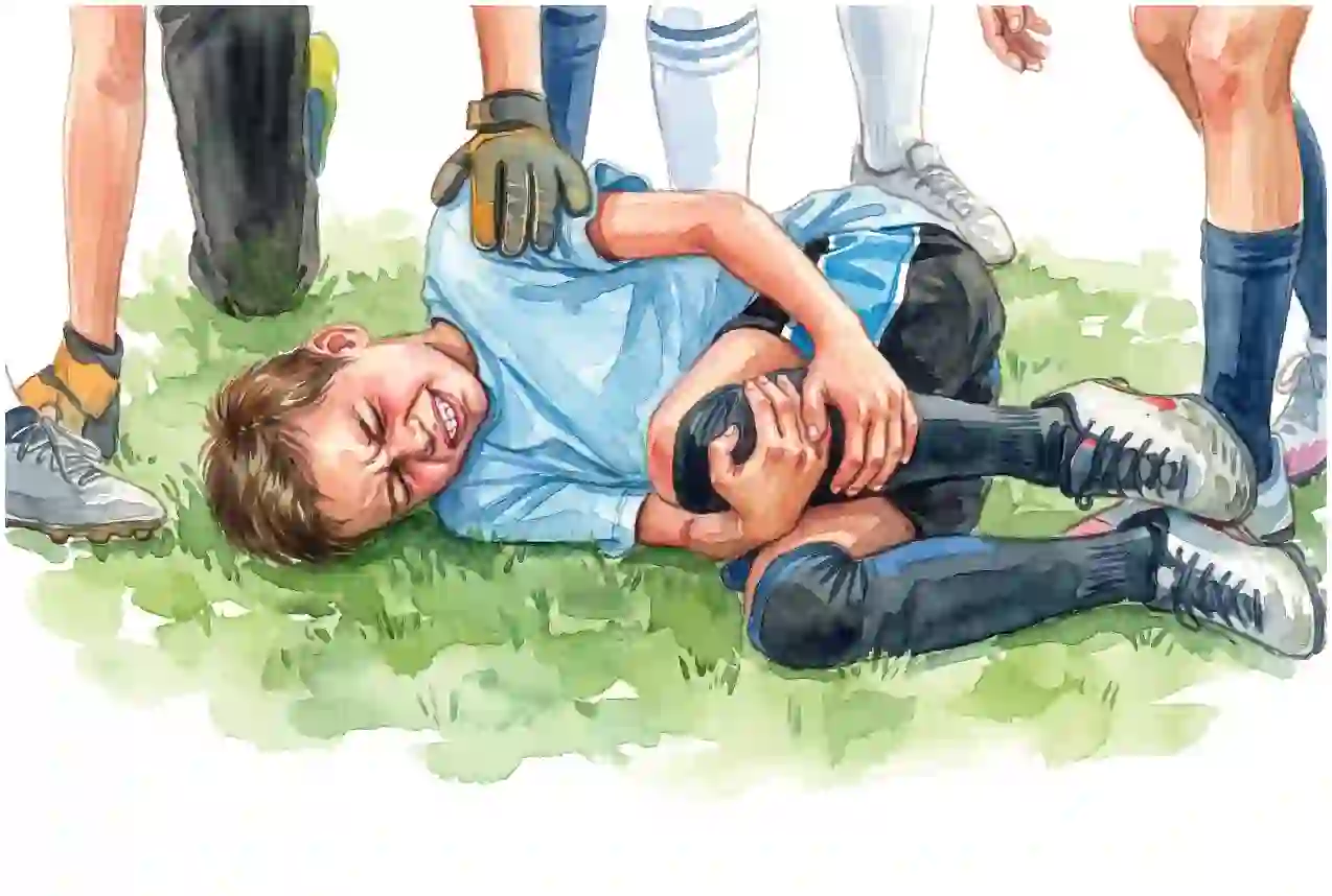 A young footballer injured on the field, holding his knee