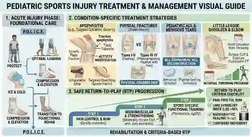 Pediatric sports injury treatment guide - POLICE protocol, condition-specific strategies and the return-to-play progression