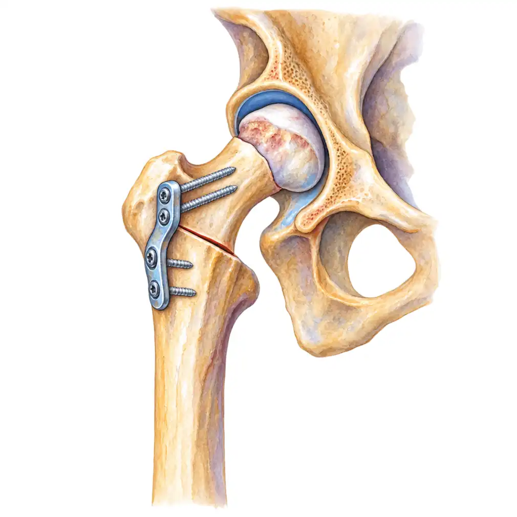 The thigh bone is cut just below the ball and angled so it sits deeper in the socket, held by a small plate and screws.