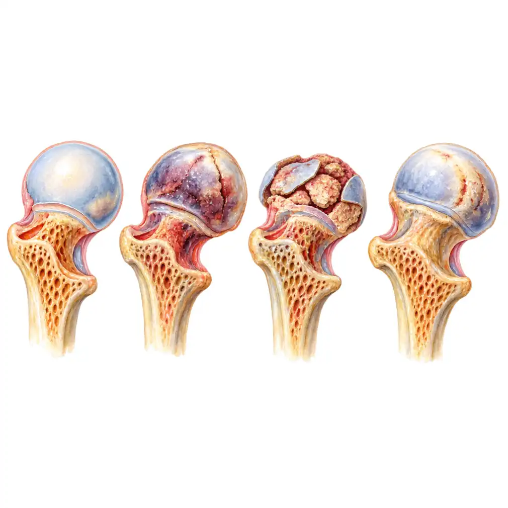 The four stages, over 2 to 4 years: the bone dies, breaks down, forms again, and finally heals.