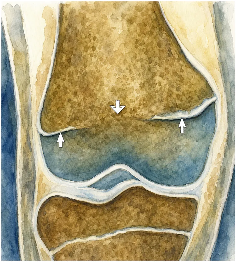 Coronal section of a child's knee showing the growth plate of the distal femur arrowed - the fastest growing physis in the body and the commonest site of a physeal bar