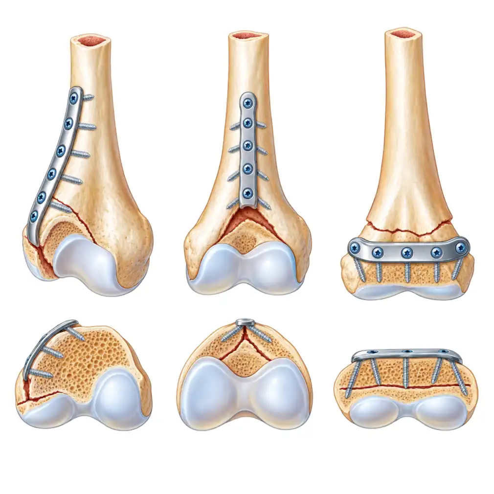 Where the limb is already bent, plates and screws are used to guide growth straight or to hold the bone after it is cut and realigned.