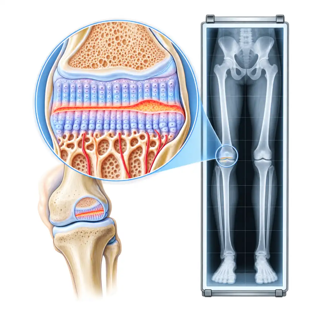MRI or CT maps the bar — where it is and how much of the plate it covers — while a standing long-leg X-ray measures the deformity.