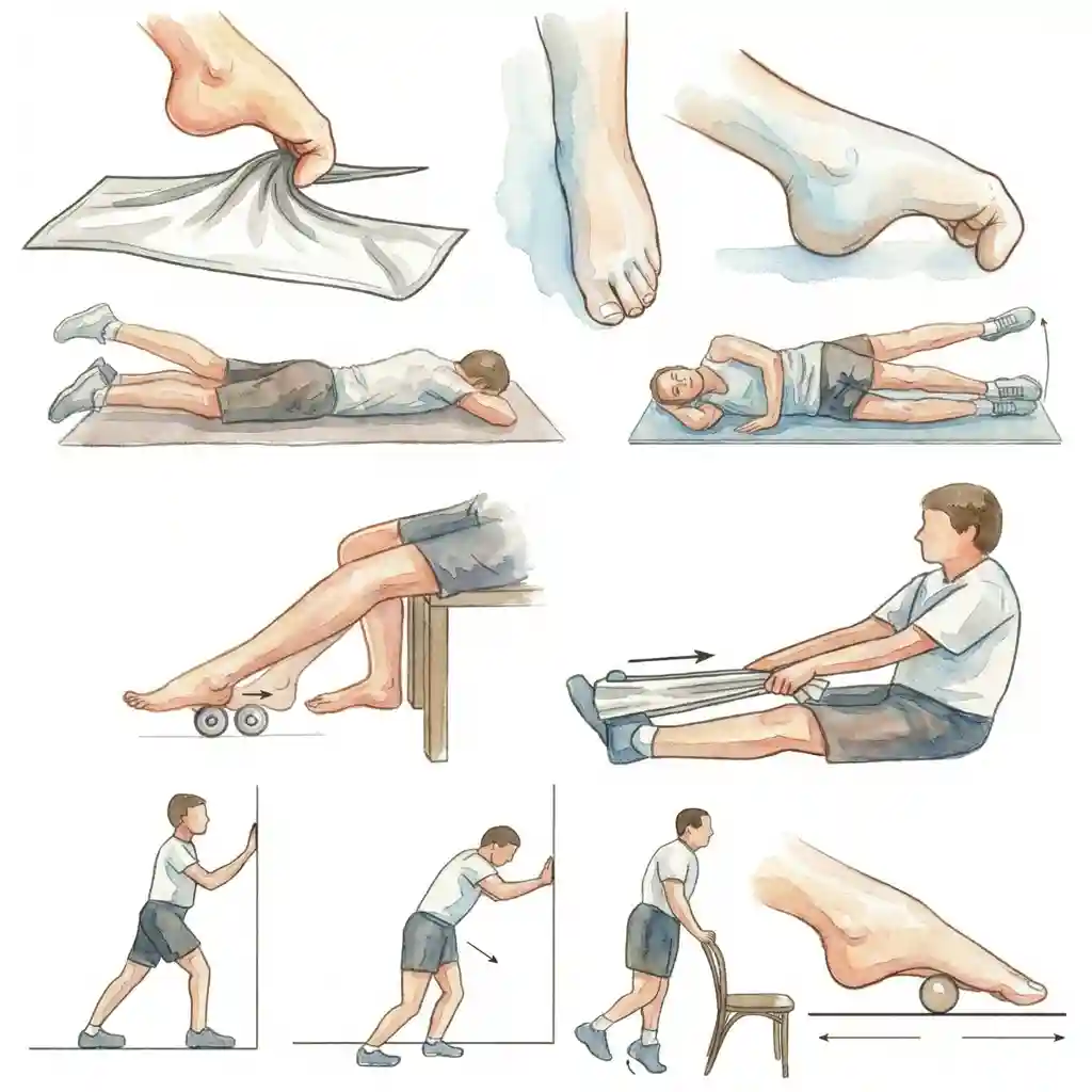 The full set of stretches and strengthening exercises for the heel and calf — two or three times every day.