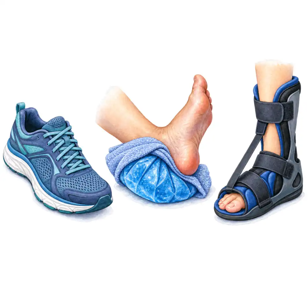 Shoes with real arch support, ice for 15 to 20 minutes three or four times a day, and a night splint that holds the foot stretched while you sleep.