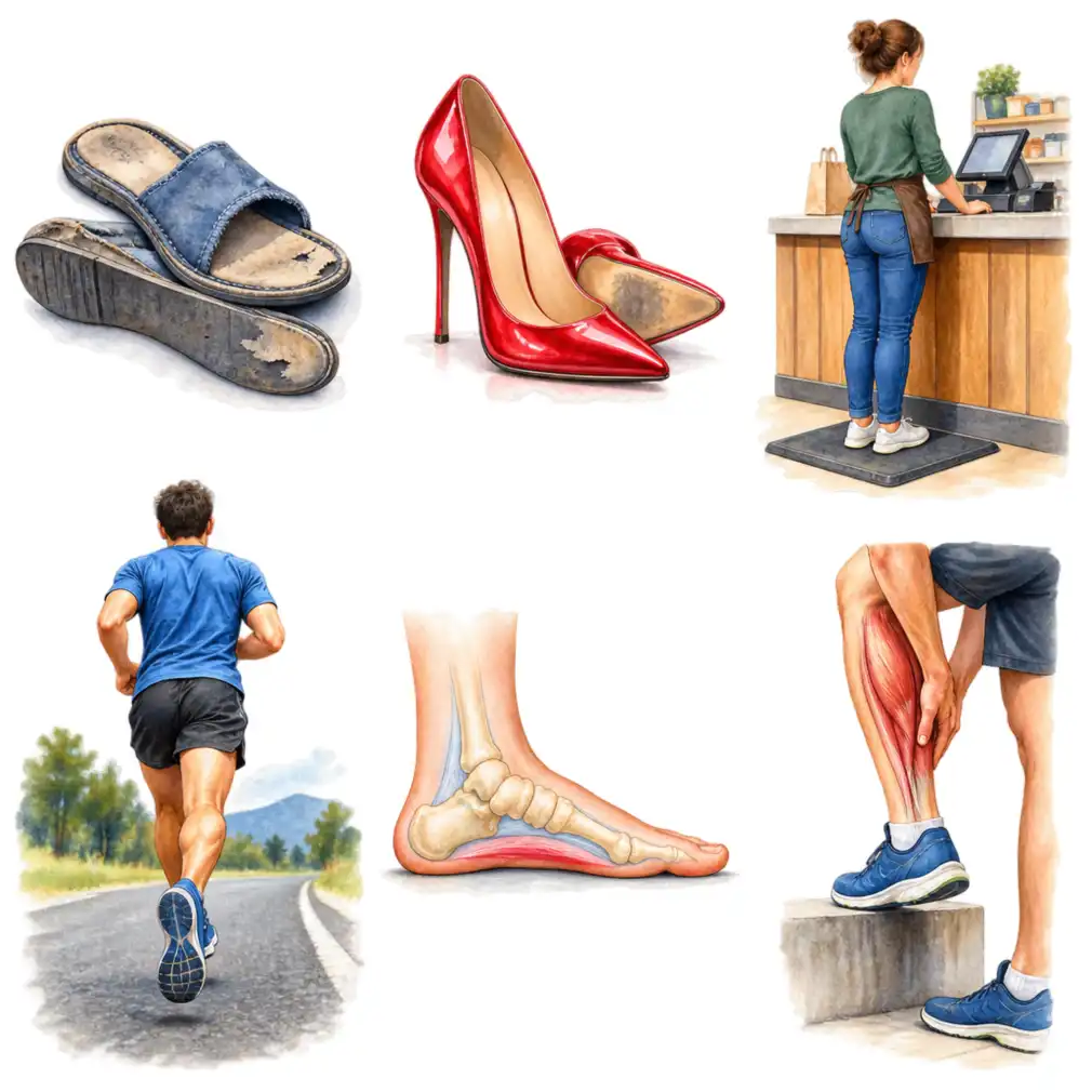 Worn flat slippers and high heels, long hours standing, running on hard roads, a collapsed arch, and tight calf muscles.