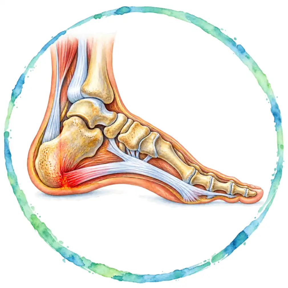 A thick band runs under the foot from the heel bone to the toes and holds up the arch. Too much pull on it makes tiny tears at the heel.