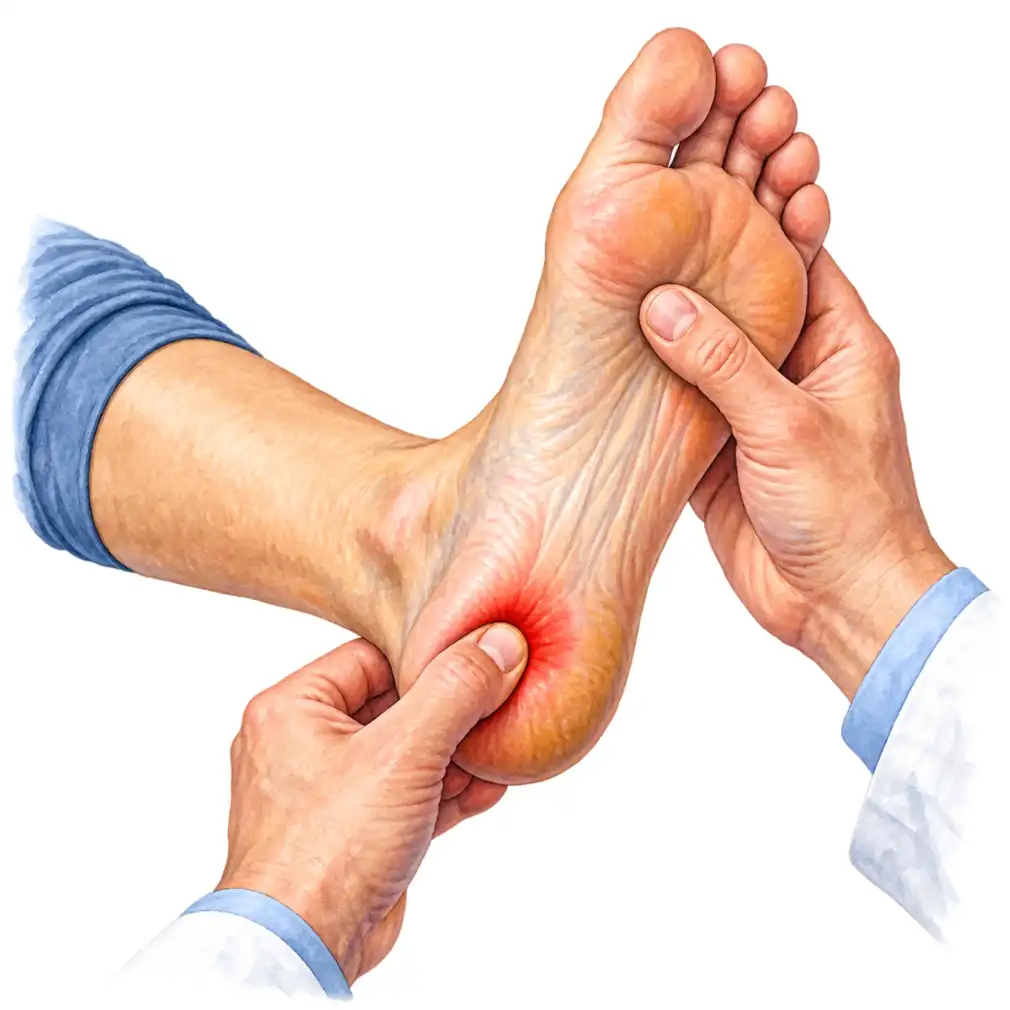 The doctor presses the tender point under the heel. That alone usually settles the diagnosis — a scan is rarely needed.