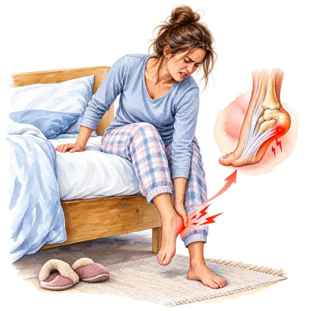 The first steps out of bed — a sharp, stabbing pain under the heel that eases after a few steps and returns later in the day.