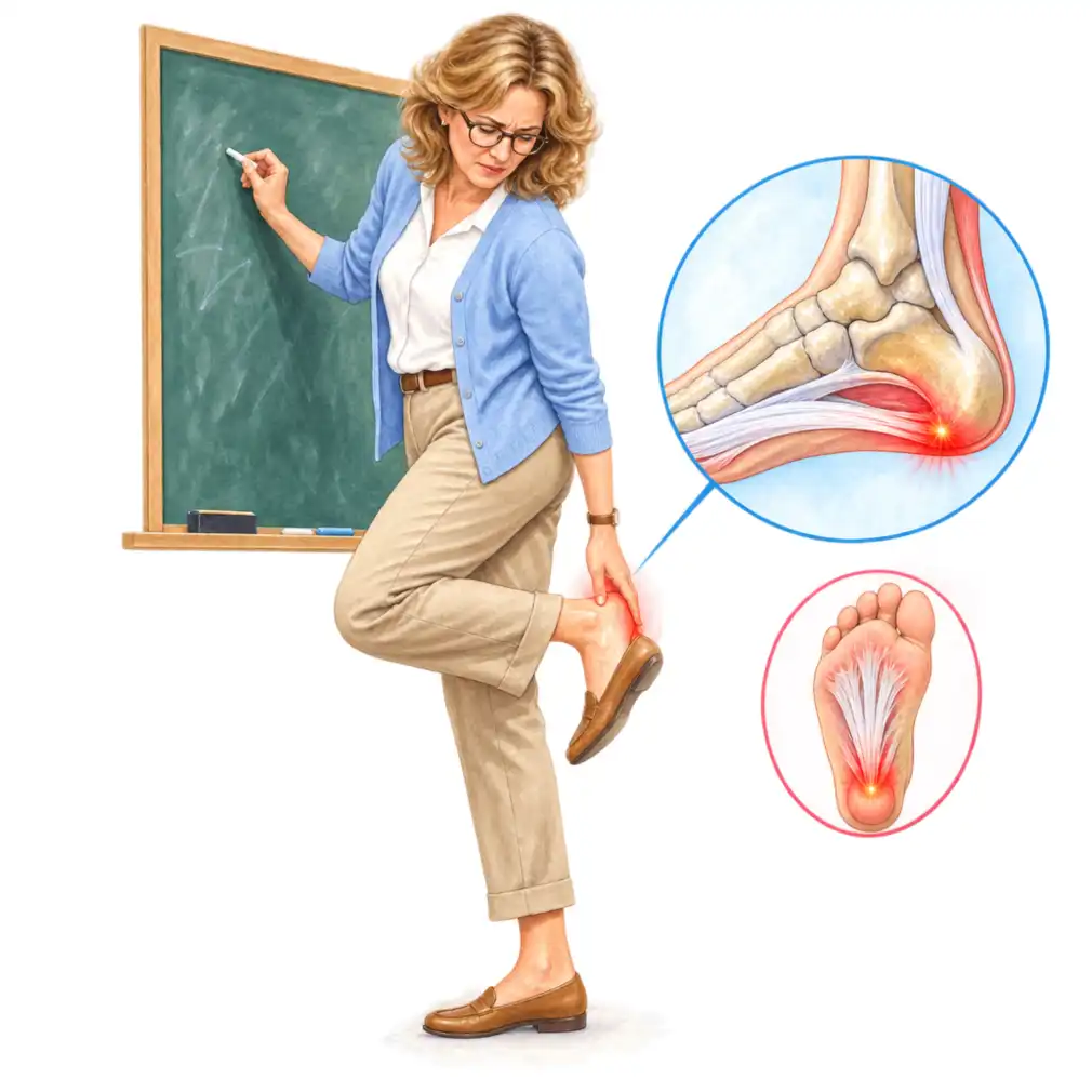 Most often between 40 and 60, and in anyone on their feet on hard floors all day — teachers, nurses, factory workers.