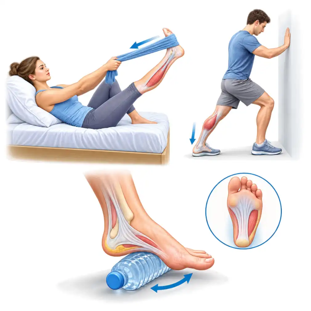 The towel stretch before your feet touch the floor, the calf stretch against a wall, and rolling the sole over a frozen bottle.