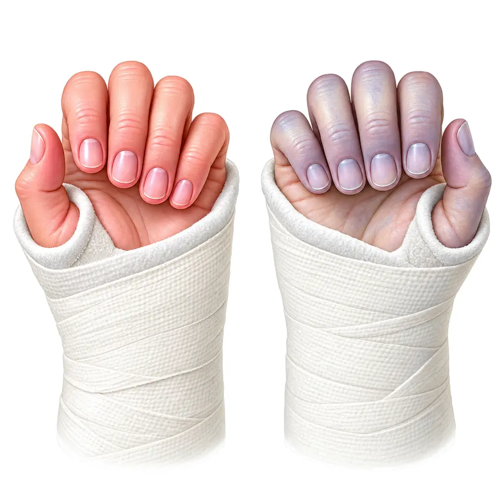 Fingers and toes should stay warm, pink and moving. Blue, white or numb means the cast is too tight — go back at once.