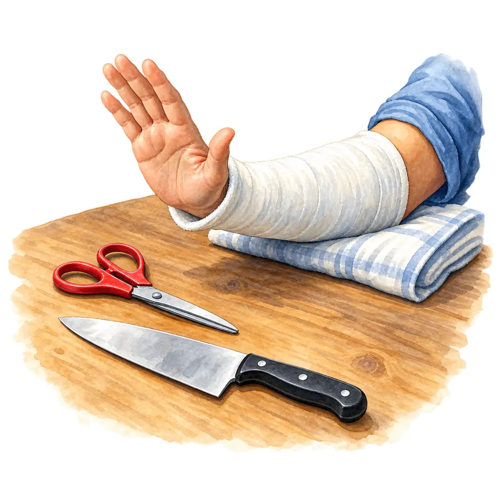 Do not cut, trim or split the cast at home, however tight it feels. If it is uncomfortable, that is a reason to come in — not to reach for scissors.