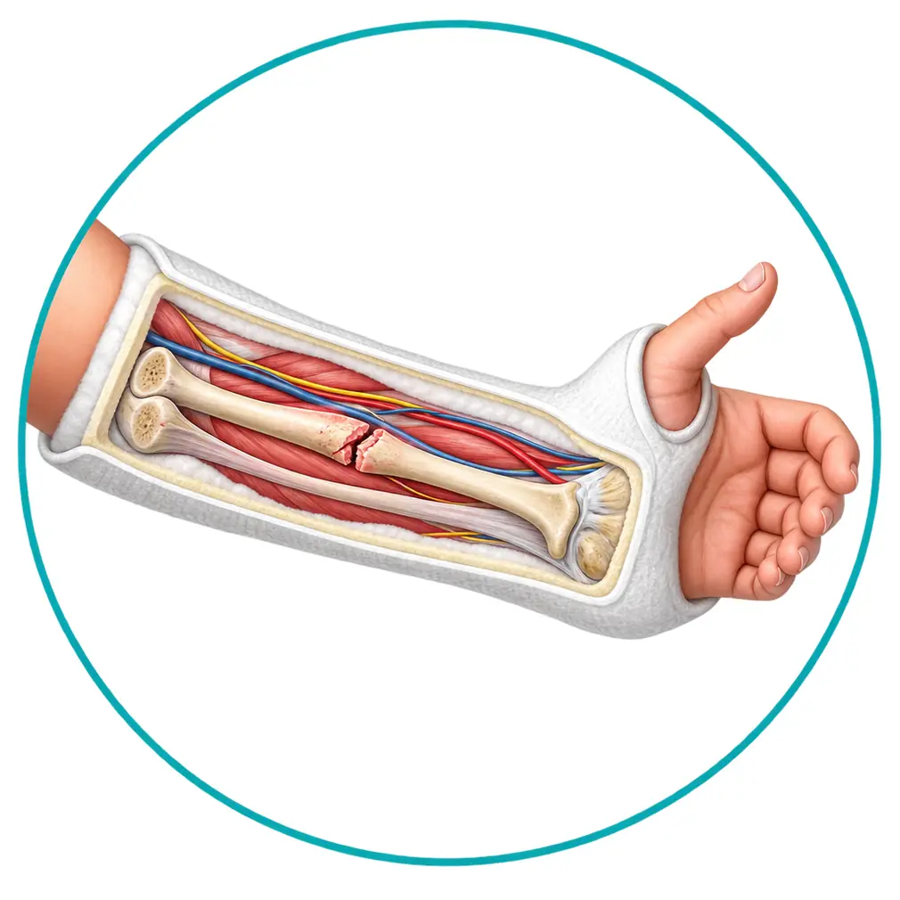 A cast is a hard shell that holds a broken bone in the right position while it knits. Bone can only heal if the ends stay still.