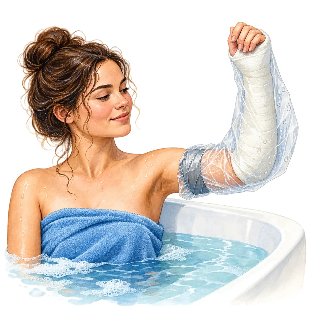 Wrap the cast in a plastic bag and tape it closed before a bath. Wet plaster goes soft and stops supporting the bone.