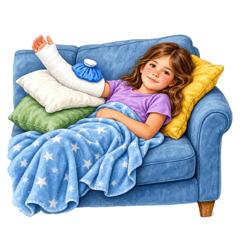 Keep the limb raised above the level of the heart for the first 48 hours — it controls the swelling. Ice over the cast, 15 to 20 minutes at a time.