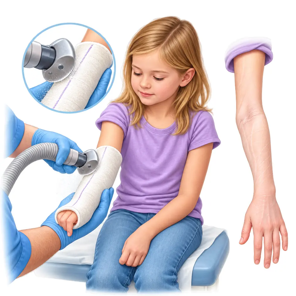 The saw is loud and vibrates but cannot cut skin. The limb will look thin and pale and feel stiff — all of that passes with ordinary use.