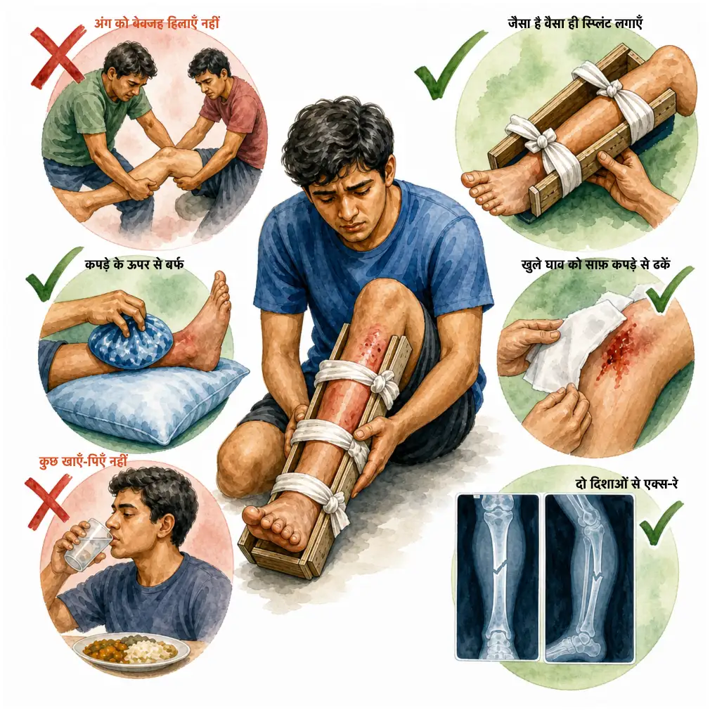 Fracture first aid do's and don'ts — do not move the limb, splint it as it lies, ice over clothing, cover open wounds with a clean cloth, eat and drink nothing, and get X-rays in two views