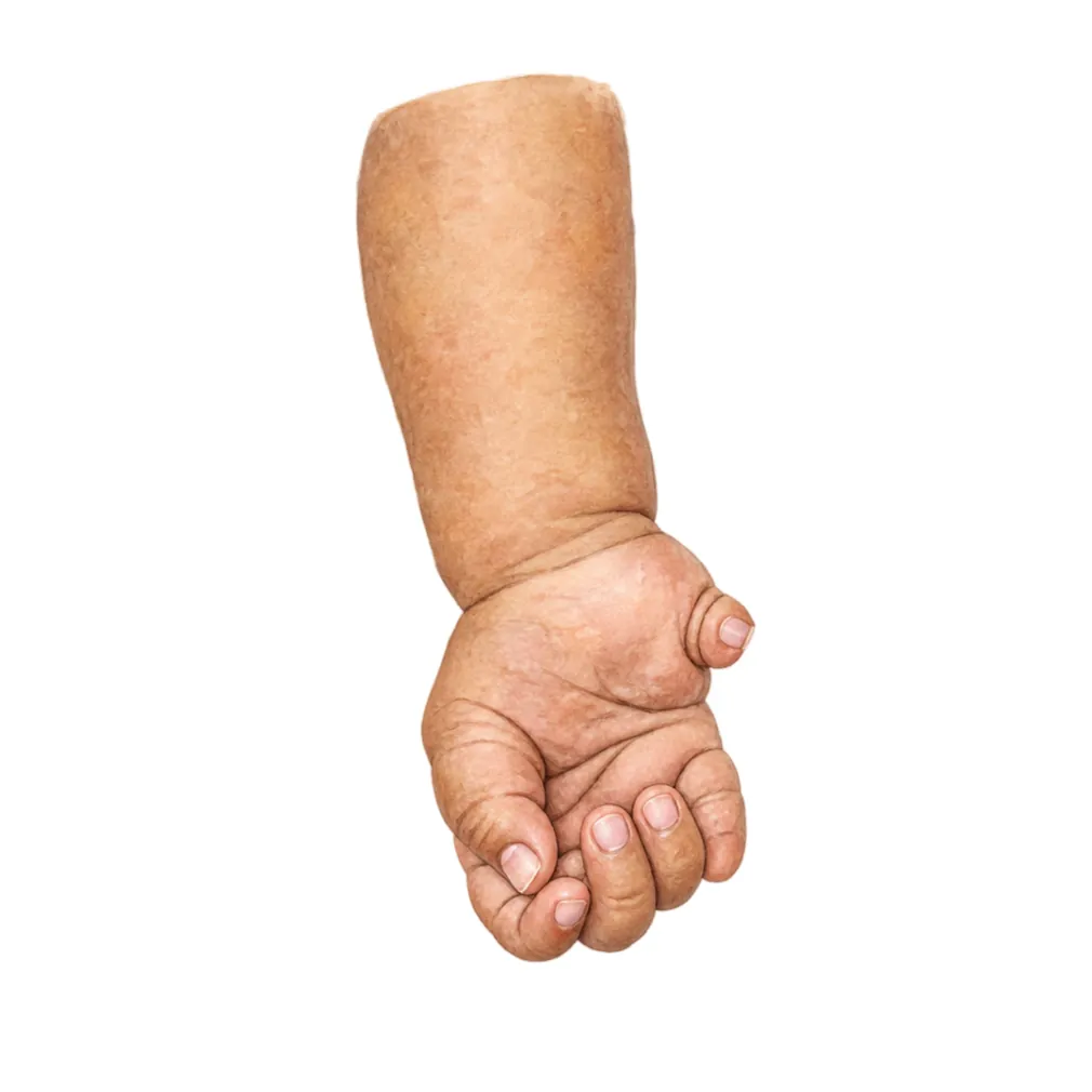 In radial club hand the forearm bone on the thumb side is short or missing, so the hand bends inwards.