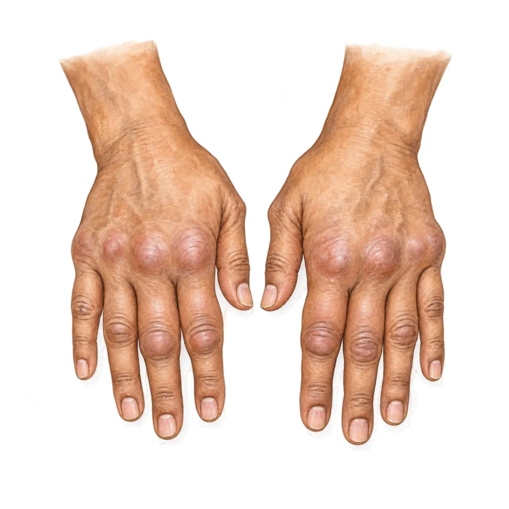 Rheumatoid arthritis causes painful swelling of the same joints on both sides, often in the hands.