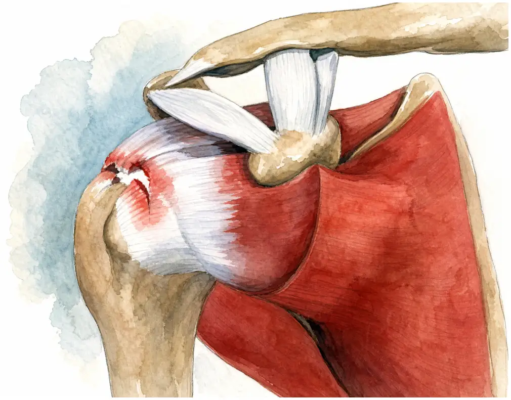 Shoulder anatomy showing a torn rotator cuff tendon at its attachment to the arm bone