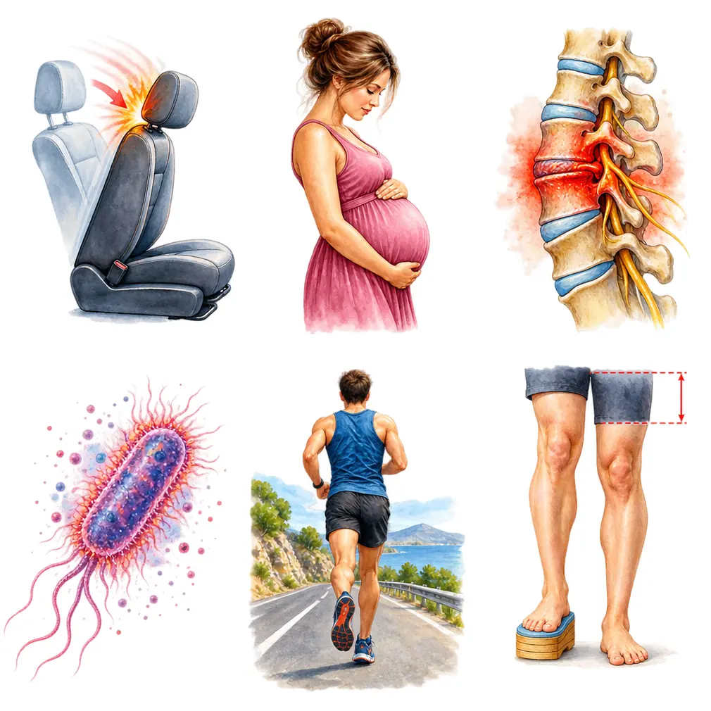 A fall or road accident, pregnancy, inflammatory arthritis, infection, long-distance running, or one leg shorter than the other.