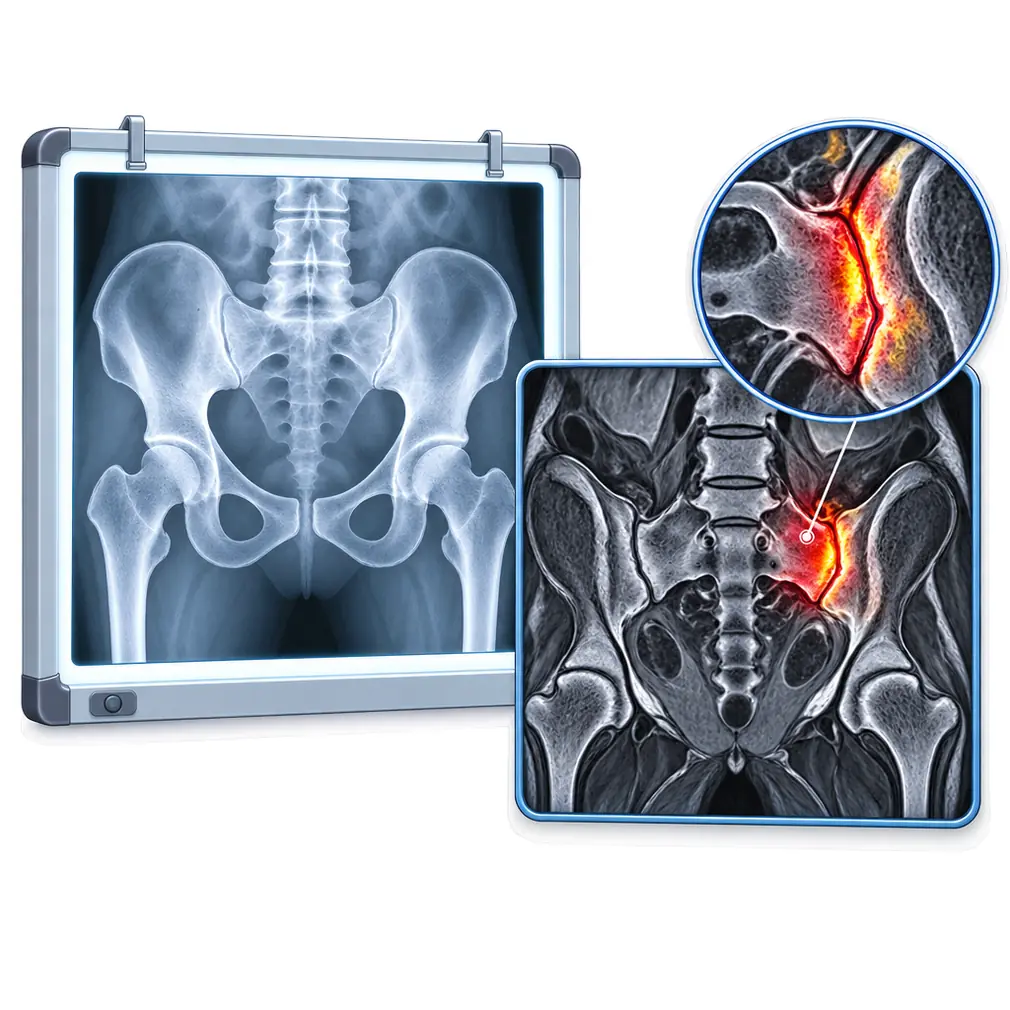 X-rays show the joint, though early disease may not show at all. MRI picks up inflammation before an X-ray can.