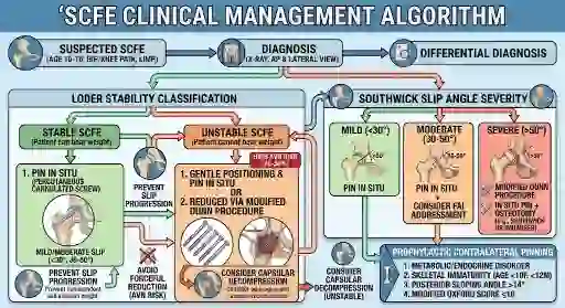 SCFE clinical management algorithm - stability classification, slip angle severity and treatment pathways