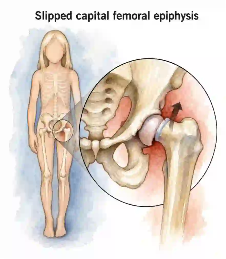 Slipped capital femoral epiphysis - the ball of the hip slipping off its growth plate