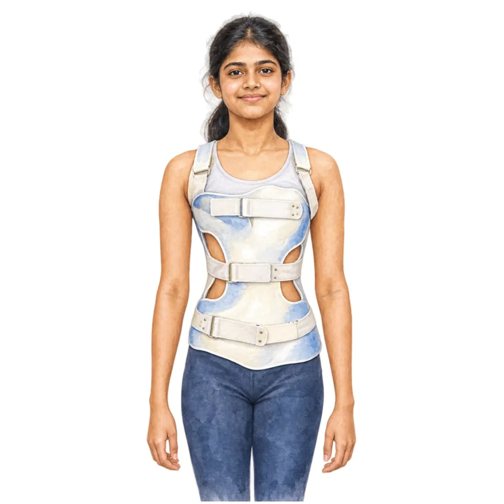 Growing children with moderate curves wear a brace; large curves may need surgery.
