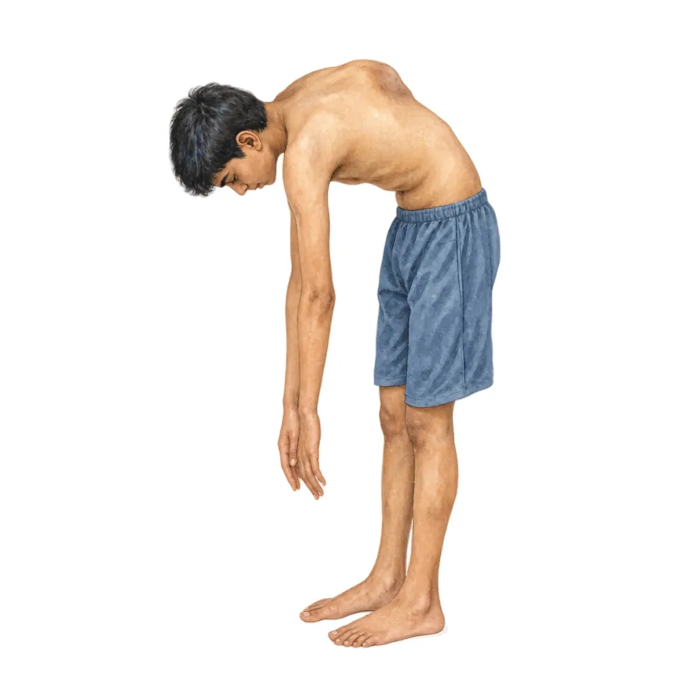 In the forward-bend test, a hump on one side of the back points to a curve.