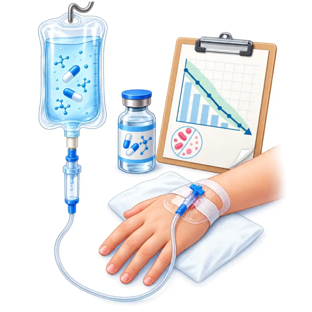 Antibiotics into the vein at first, then by mouth, for a total of about 3 to 6 weeks, with the blood tests followed until they normalise.