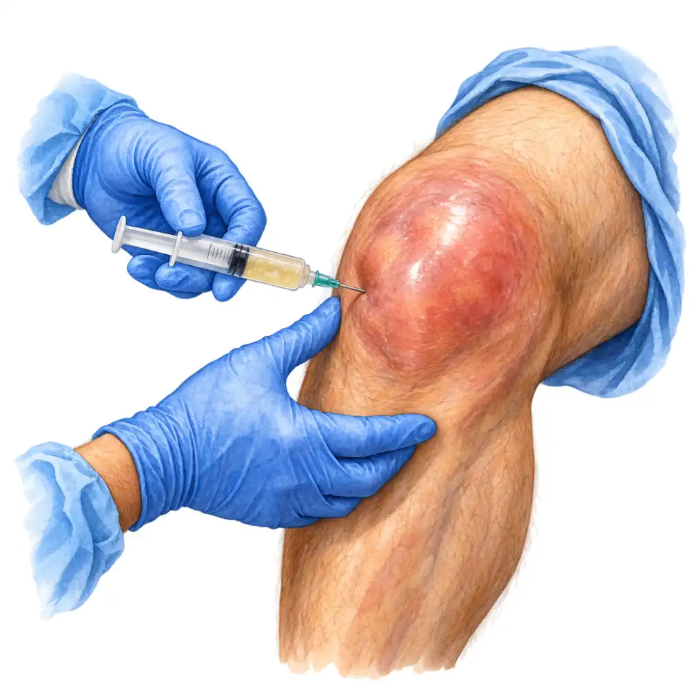 A needle is put into the joint and the fluid drawn off. Cloudy, purulent fluid confirms it, and the culture names the germ.