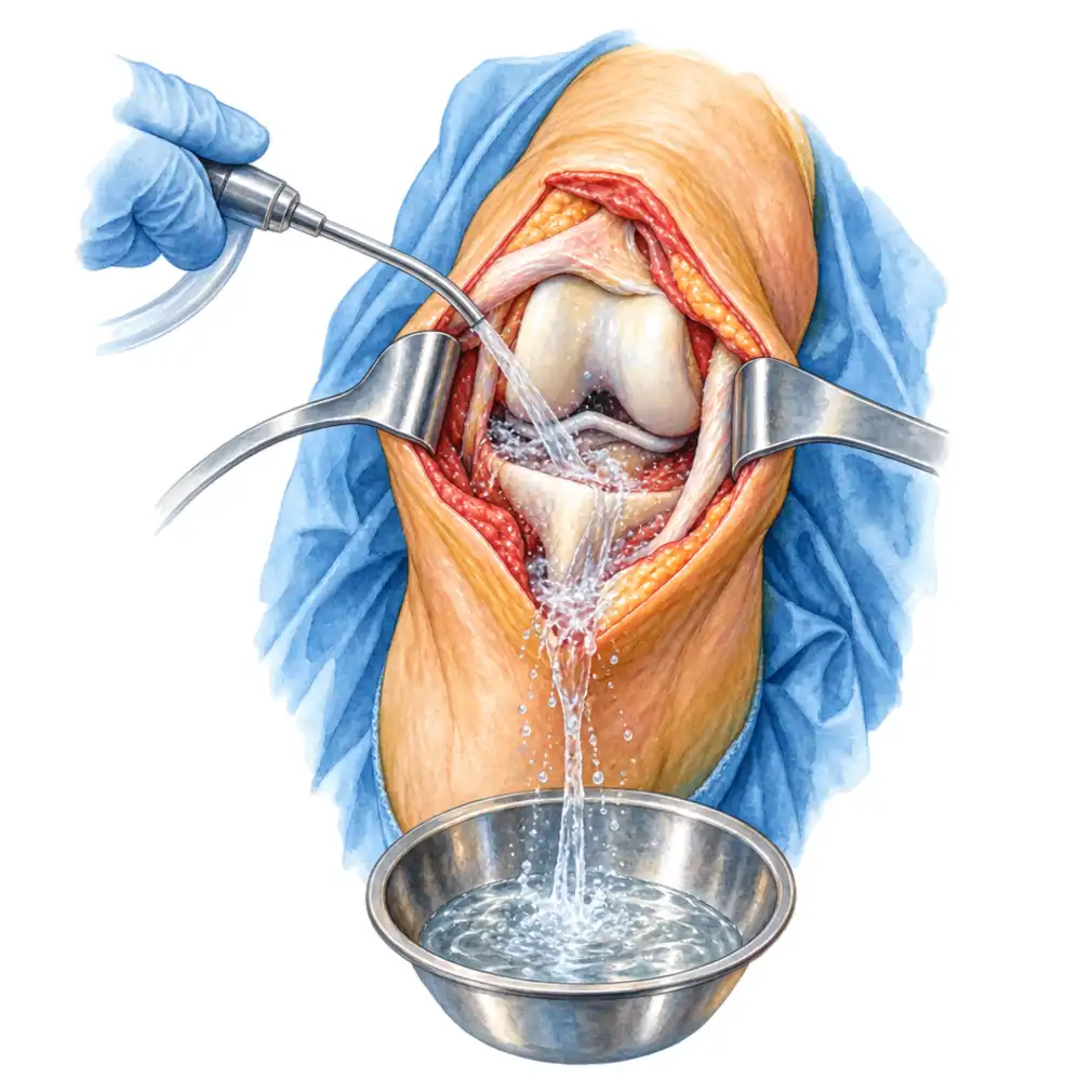The treatment is surgical. Under anaesthetic the joint is opened and flushed until the fluid running out is clear.