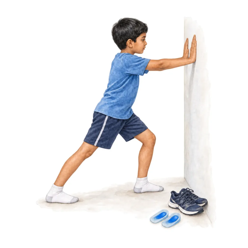 Calf stretches, heel cups and less running for a while settle it; it goes away with growth.