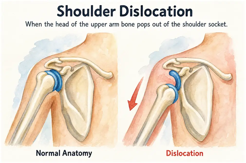 Normal shoulder anatomy compared with a dislocated shoulder, the arm bone out of its socket