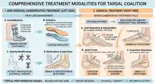 Tarsal coalition treatment chart - immobilisation, orthotics and injections on one side, resection, fusion and osteotomy on the other
