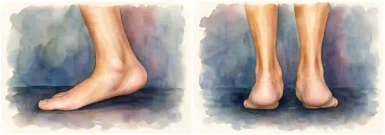 Rigid flat foot of tarsal coalition, seen from the side and from behind