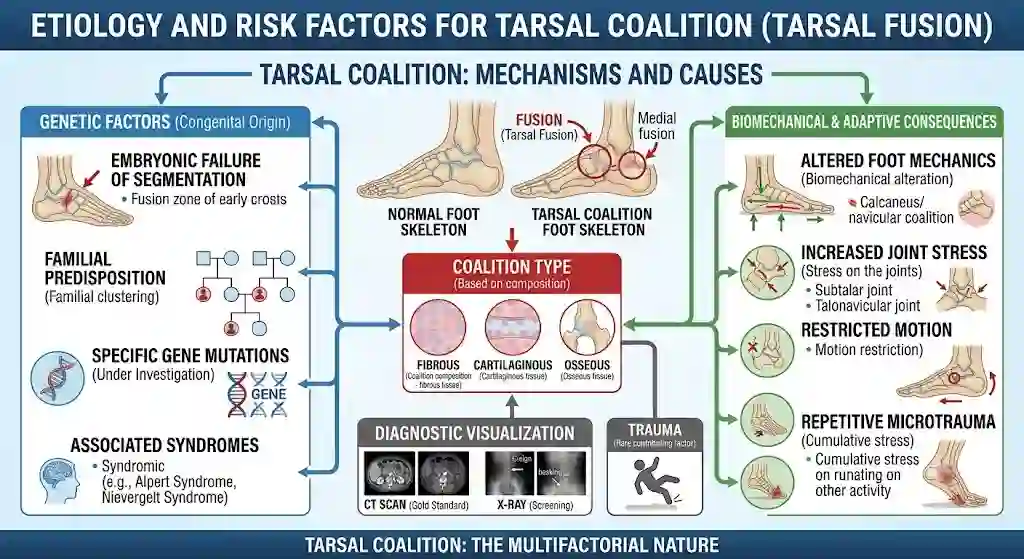 Tarsal coalition causes chart - failure of segmentation, coalition types, altered foot mechanics and joint stress